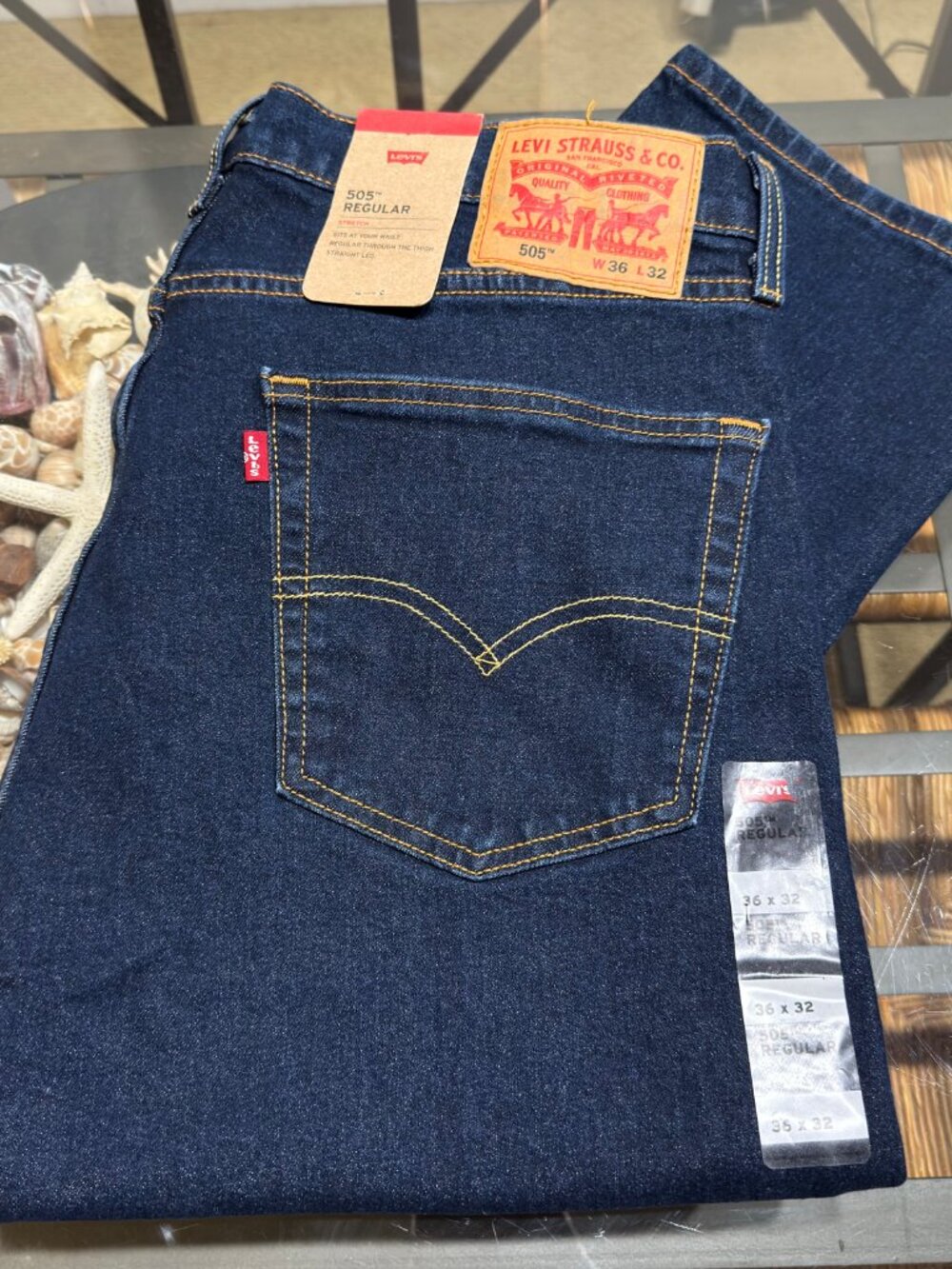 $70 LEVIS 505 MENS REGULAR STRAIGHT FIT 36X32 INDIGO WASH STRETCH DENIM JEAN NWT
